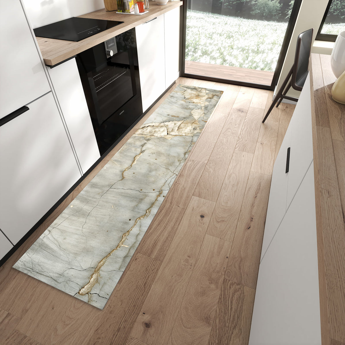Komfortabler Bodenläufer-Teppich mit Motiv Oberfläche von Rissige in moderner Küche