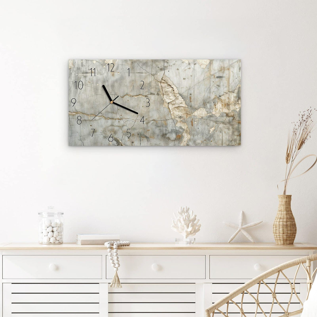 Wanduhr Rissige Wandoberfläche aus Glas – Querformat 60 × 30 cm – Rissiger Stein in Grau und Beige