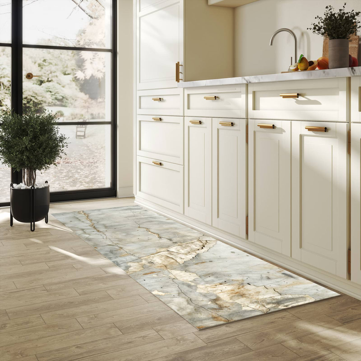 Fleckenresistenter waschbarer Teppich Küche mit Motiv Oberfläche von Rissige in heller Küche
