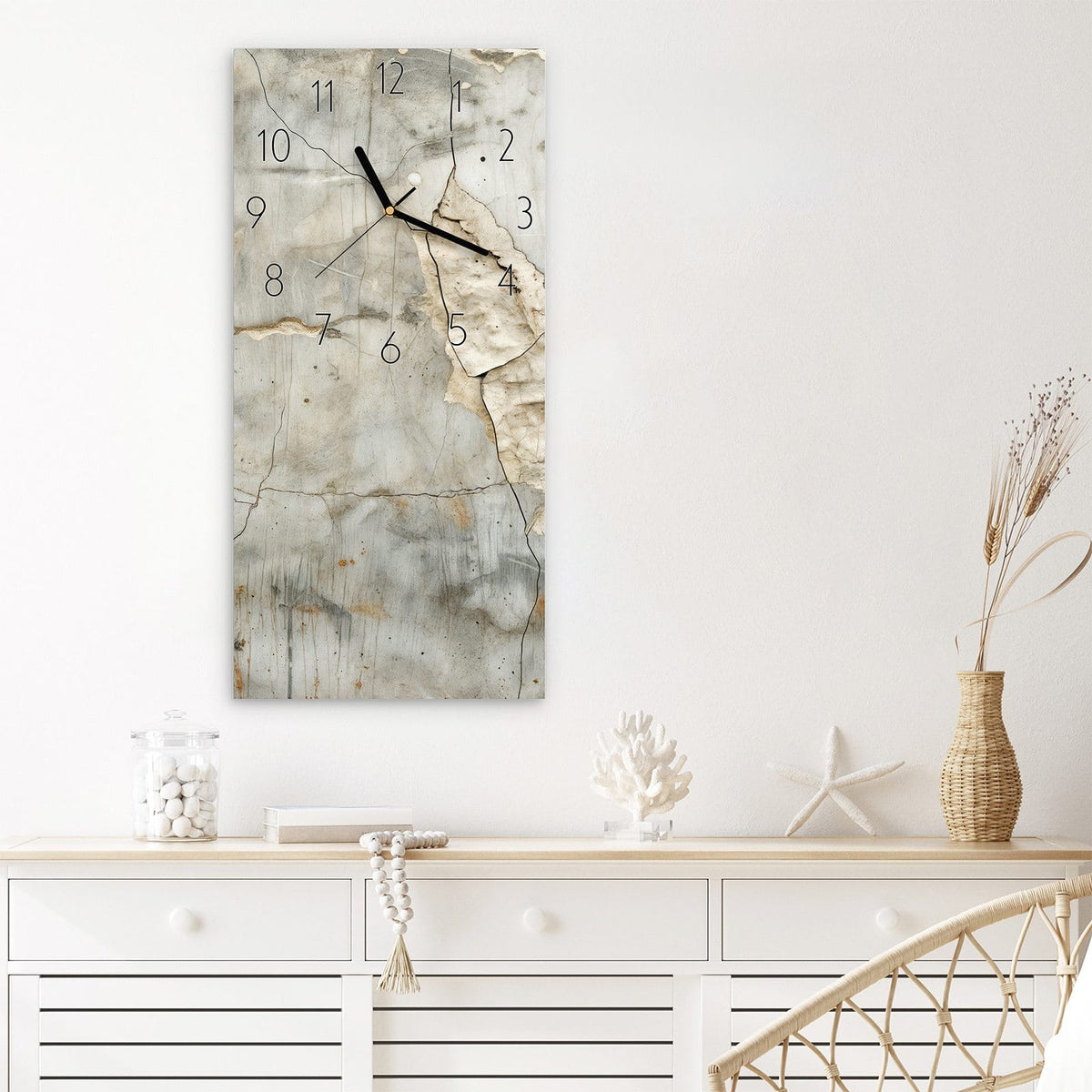 Wanduhr Rissige Wandoberfläche aus Glas – Rissiger Stein in Grau und Beige