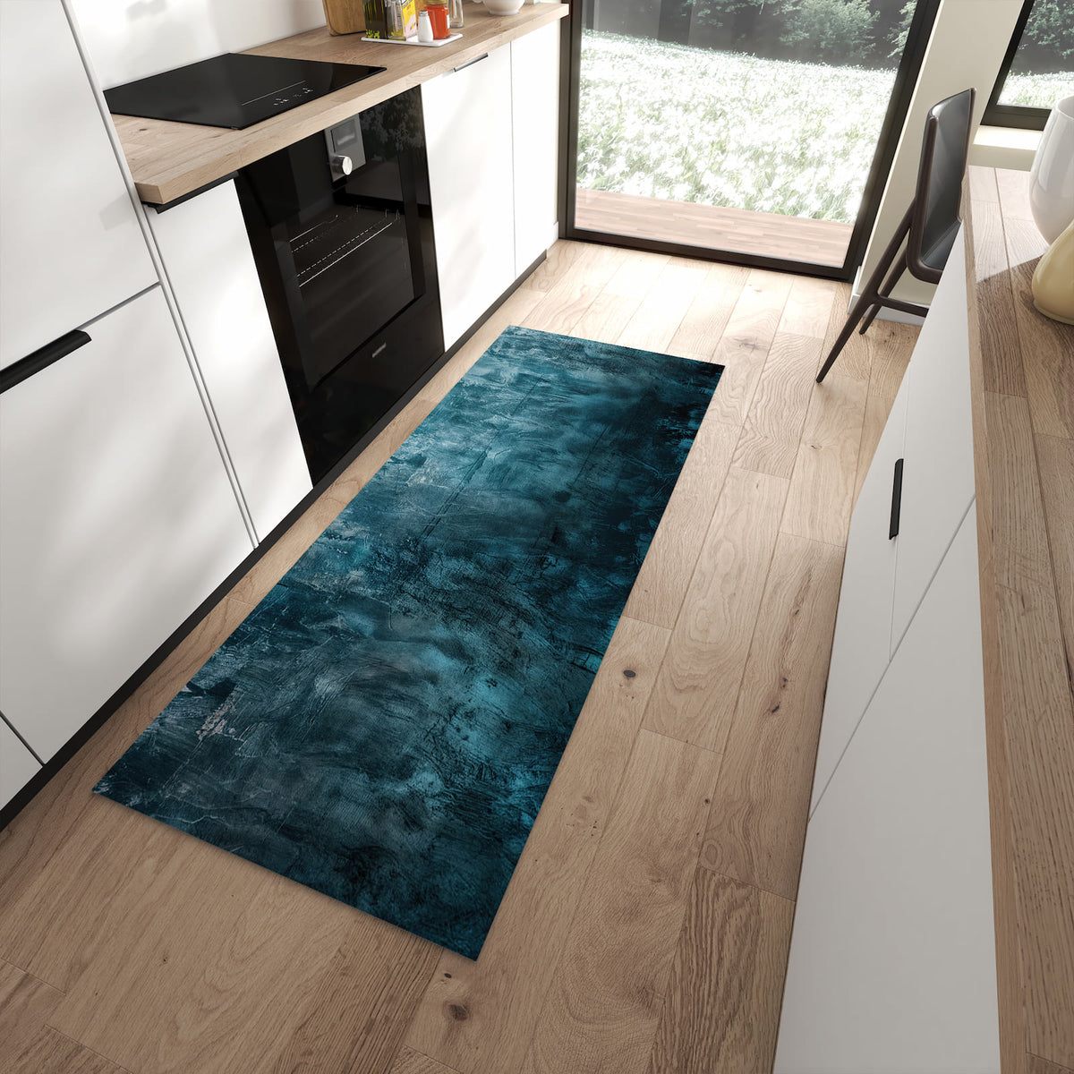 Bodenschonender langer Teppich mit Motiv Textur Wand Kunst in moderner Küche