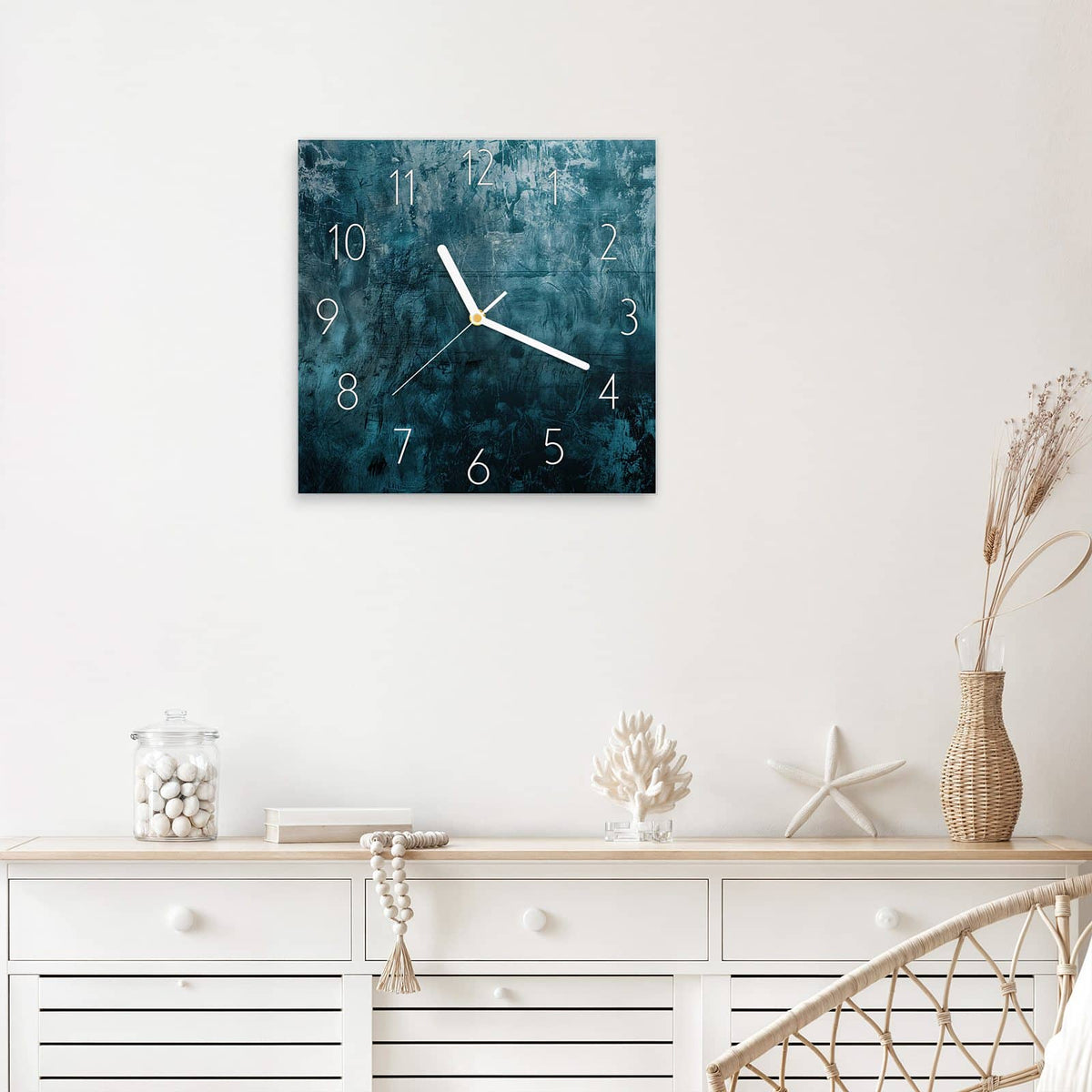 Wanduhr Petrolblaue Wand aus Glas – Quadratisch 30 × 30 cm – Raue Textur in Grün und Blau