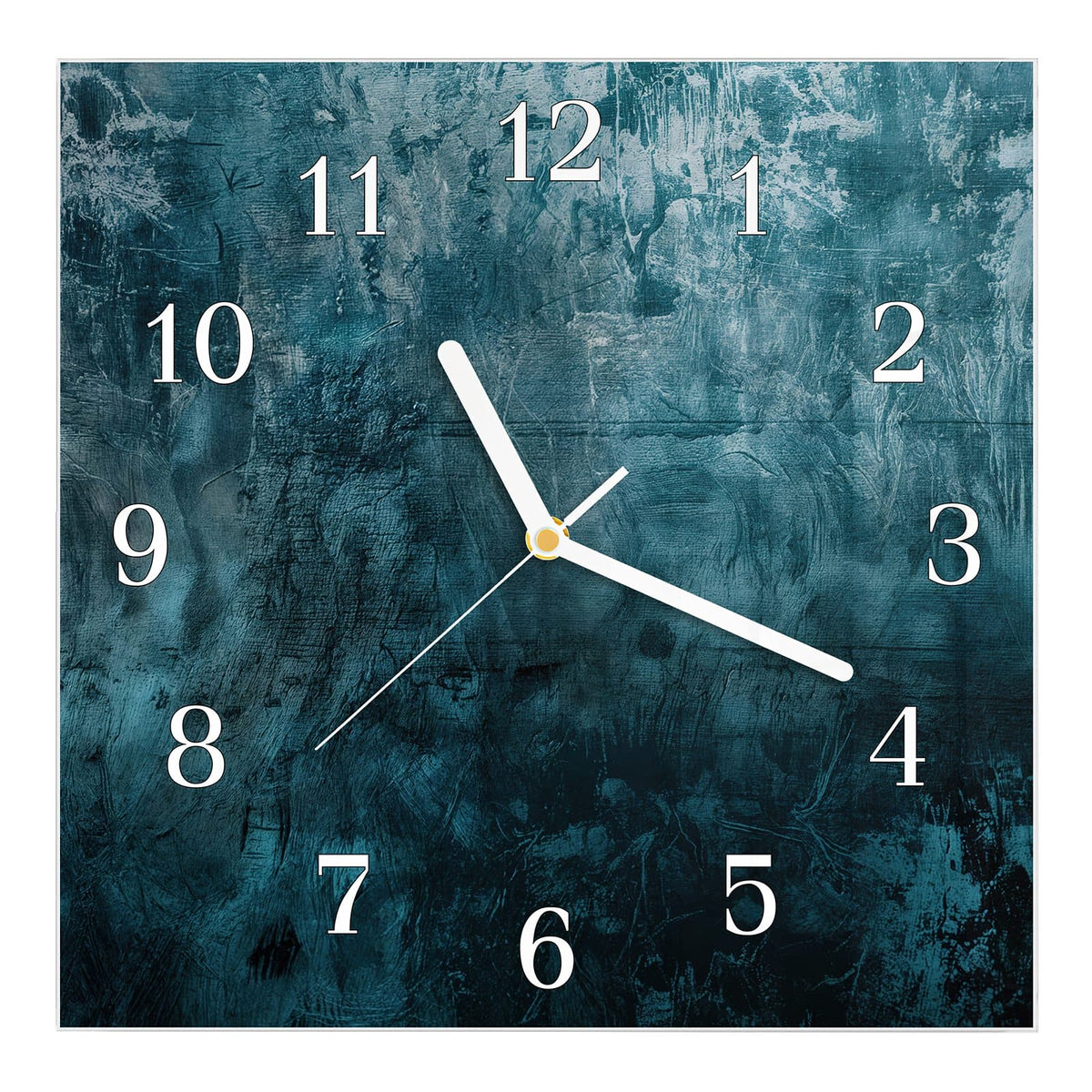 Wanduhr aus Glas, Ziffernblatt Klassisch: Dunkle Wandfläche in Petrol und Blaugrün mit hellen Schlieren