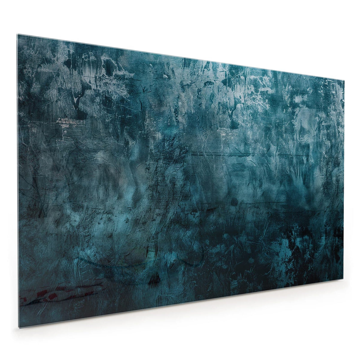 Küchenrückwand aus Glas im Hochformat: Dunkle Wandfläche in Petrol und Blaugrün mit hellen Schlieren