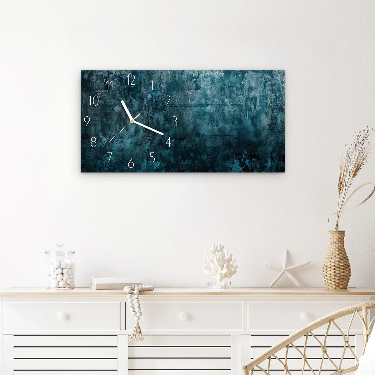 Wanduhr Textur Wand Kunst aus Glas – Querformat 60 × 30 cm – Raue Textur in Grün und Blau