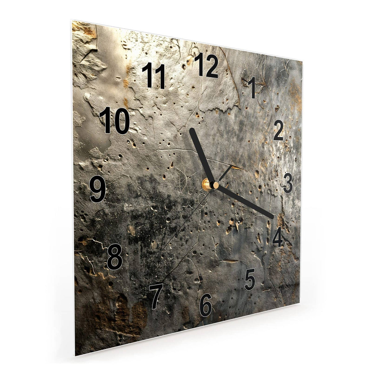 Quadratische Wanduhr aus Glas Zerfressenes Metall schräg von der Seite, 4 mm starkes Glas