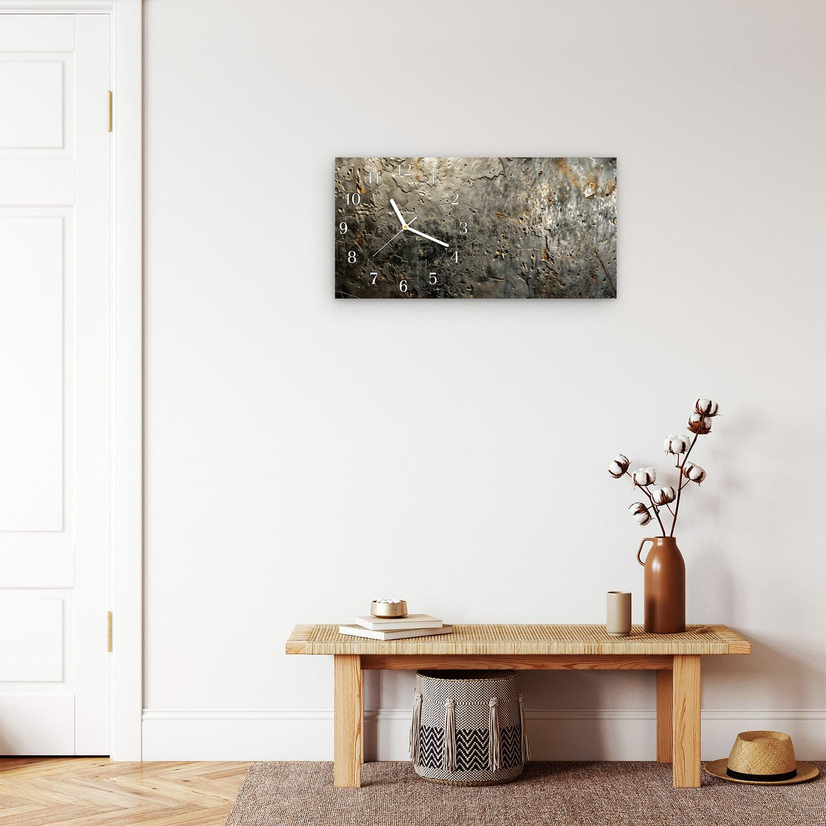 Moderne Wanduhr aus Glas mit Farbtiefe – Wanduhr Abstrakte Oberfläche aus Glas – Querformat 60 × 30 cm