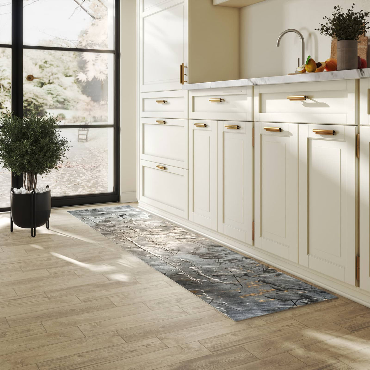 Flacher rutschfester Küchenteppich mit Motiv Texturierte Oberfläche in heller Küche