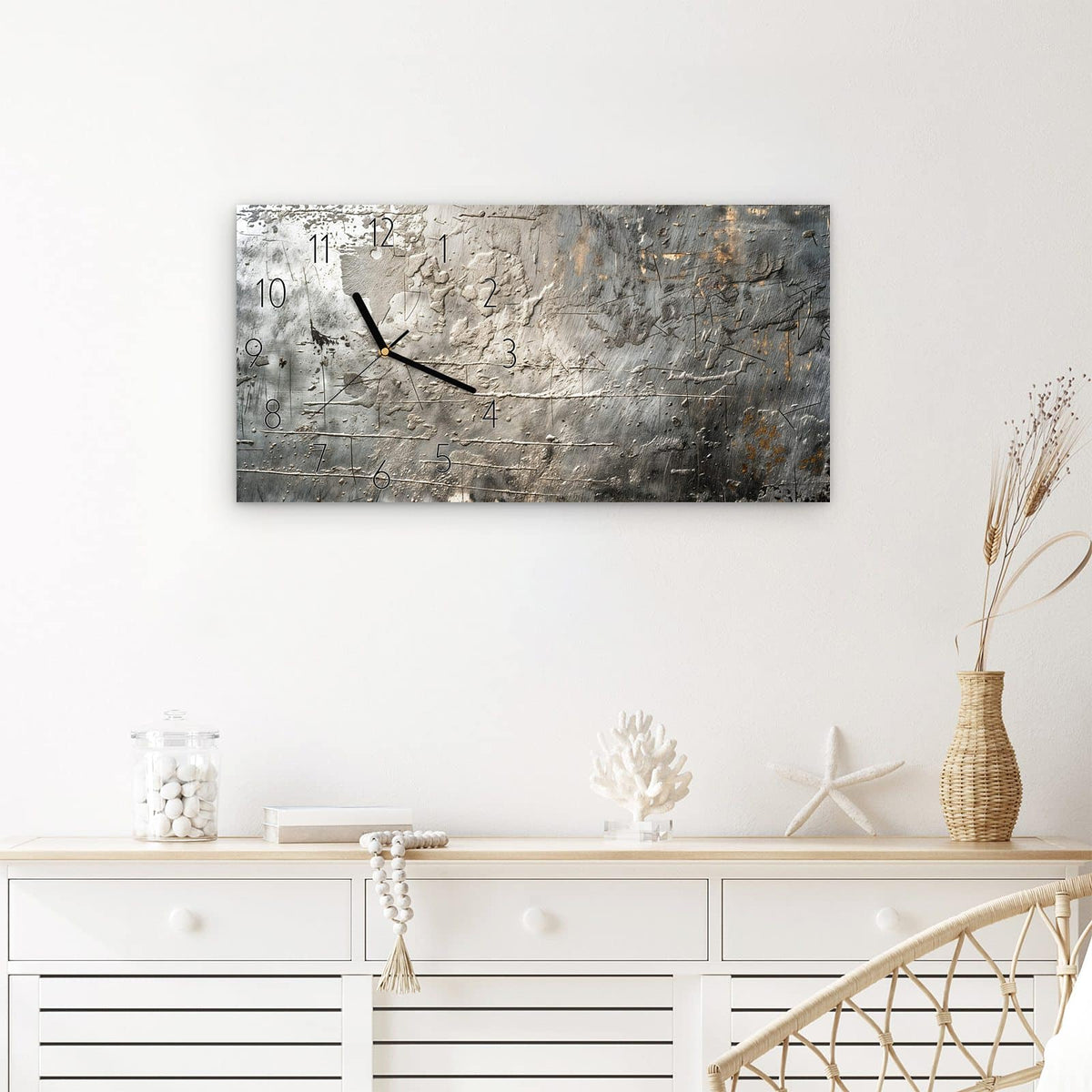 Wanduhr Texturierte Oberfläche aus Glas – Querformat 60 × 30 cm – Gealtertes Metall in Silber und Grau