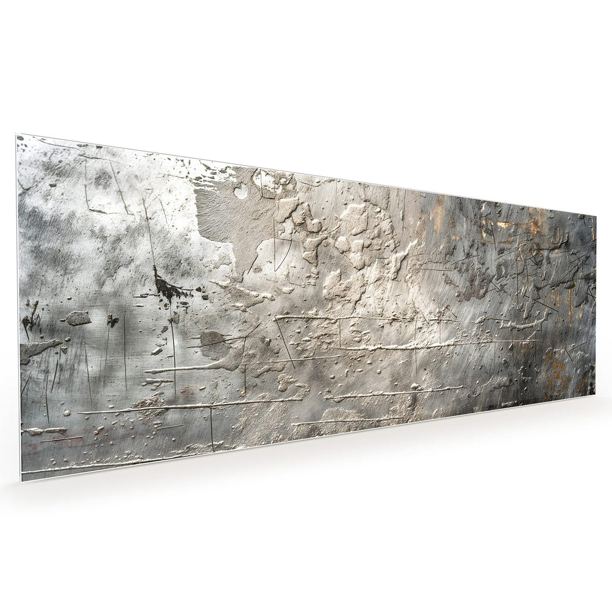 Küchenrückwand aus Glas im Hochformat: Silbergraues, gealtertes Metall mit Kratzern, Abplatzungen und bronzenen Spuren #grösse_40 x 100 cm #grösse_50 x 125 cm #grösse_60 x 150 cm
