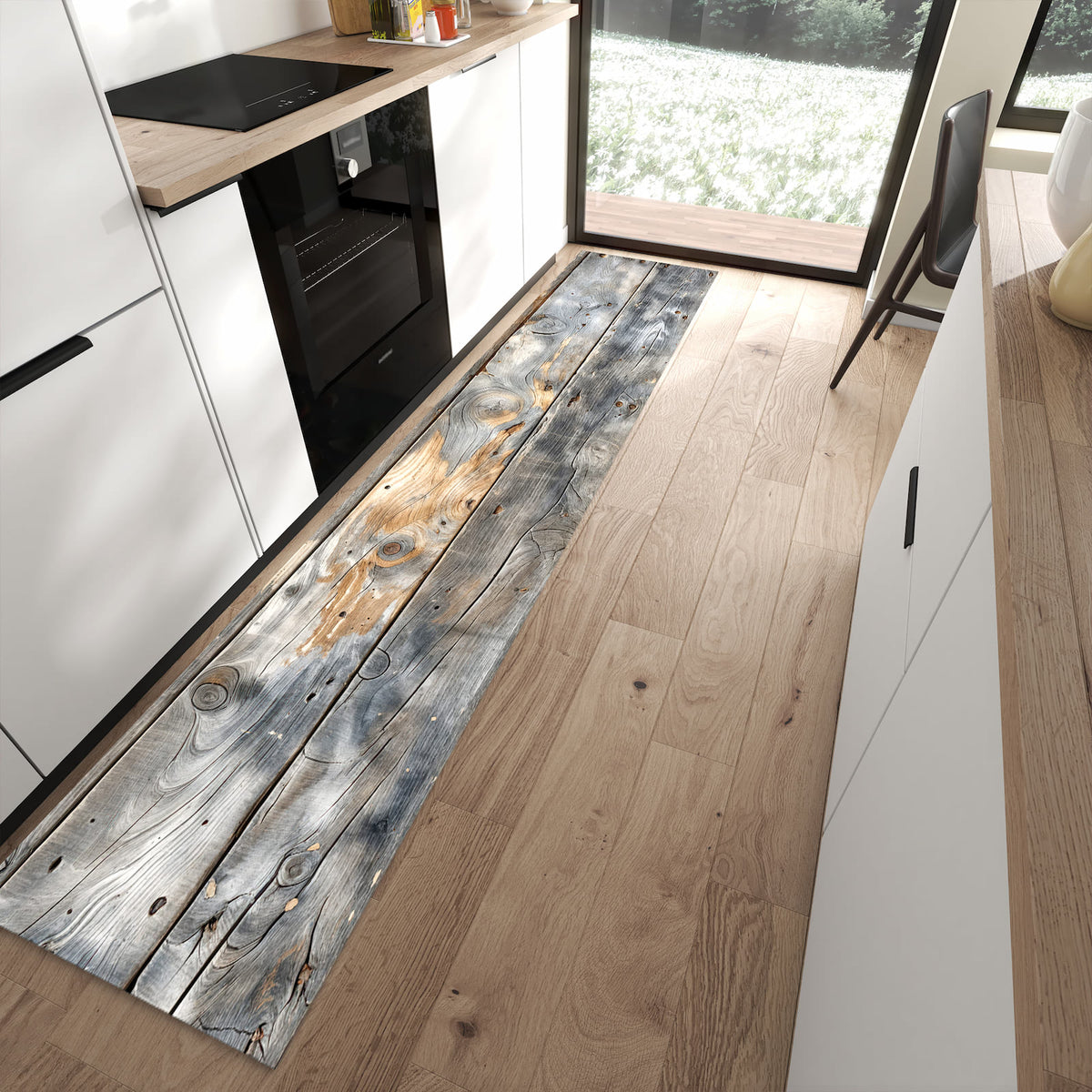 Langlebiger Küchenteppich mit Motiv Vintage Holzplanken in moderner Küche