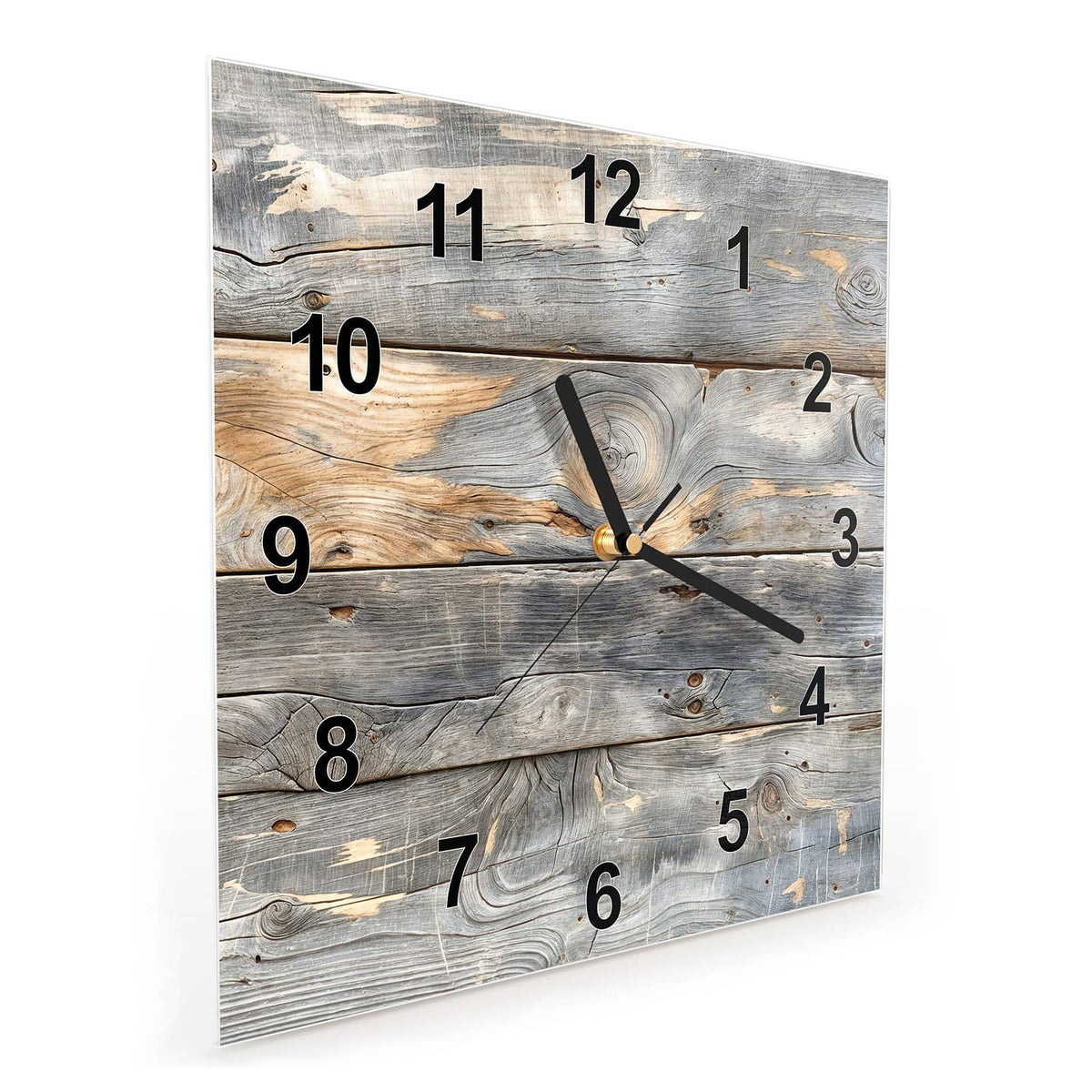 Quadratische Wanduhr aus Glas Graue Holzplanken schräg von der Seite, 4 mm starkes Glas