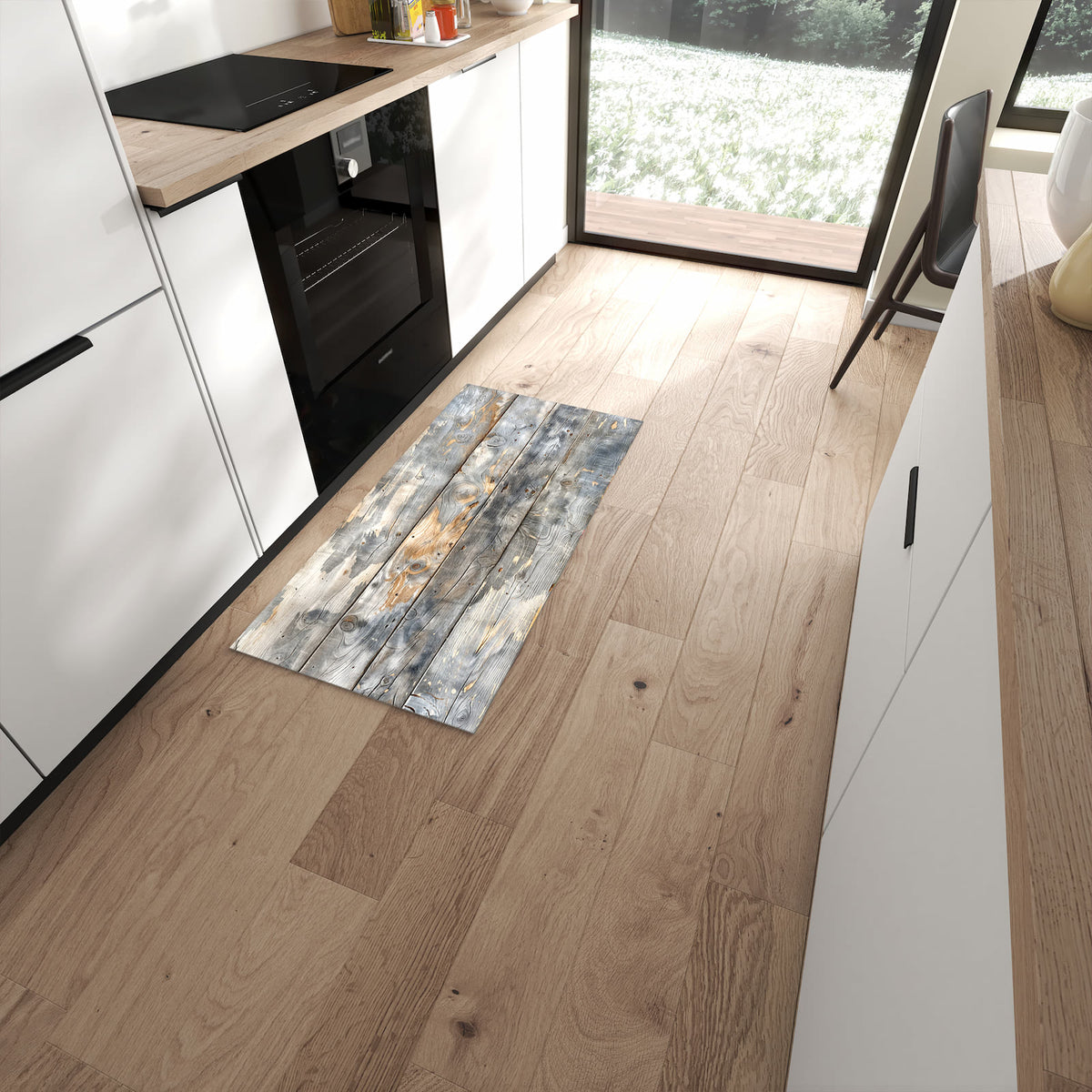 Rutschfester Küchenteppich mit Motiv Vintage Holzplanken für Trittkomfort in moderner Küche #grösse_60 x 120 cm