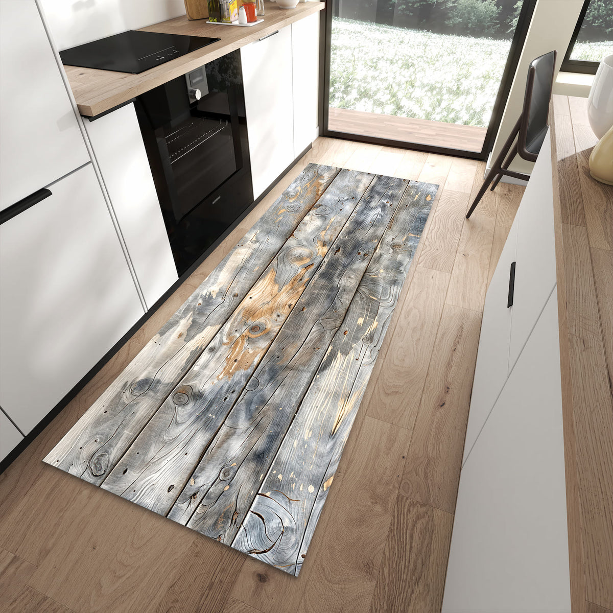 Hygienischer Küchenteppich mit Motiv Vintage Holzplanken in moderner Küche - waschbar