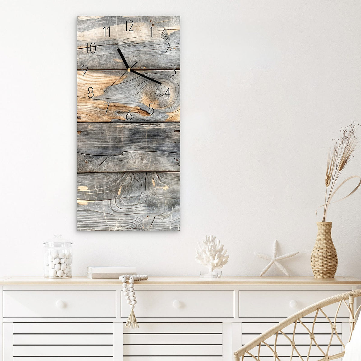 Wanduhr Vintage Holzplanken aus Glas – Verwitterte Holzbretter in Grau