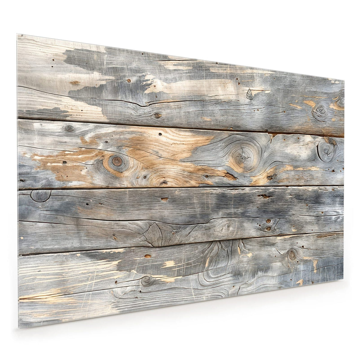 Küchenrückwand aus Glas im Hochformat mit Motiv Graue Holzplanken: Vier waagerechte, stark verwitterte Bretter in Grau mit hellbraunen Aufhellungen