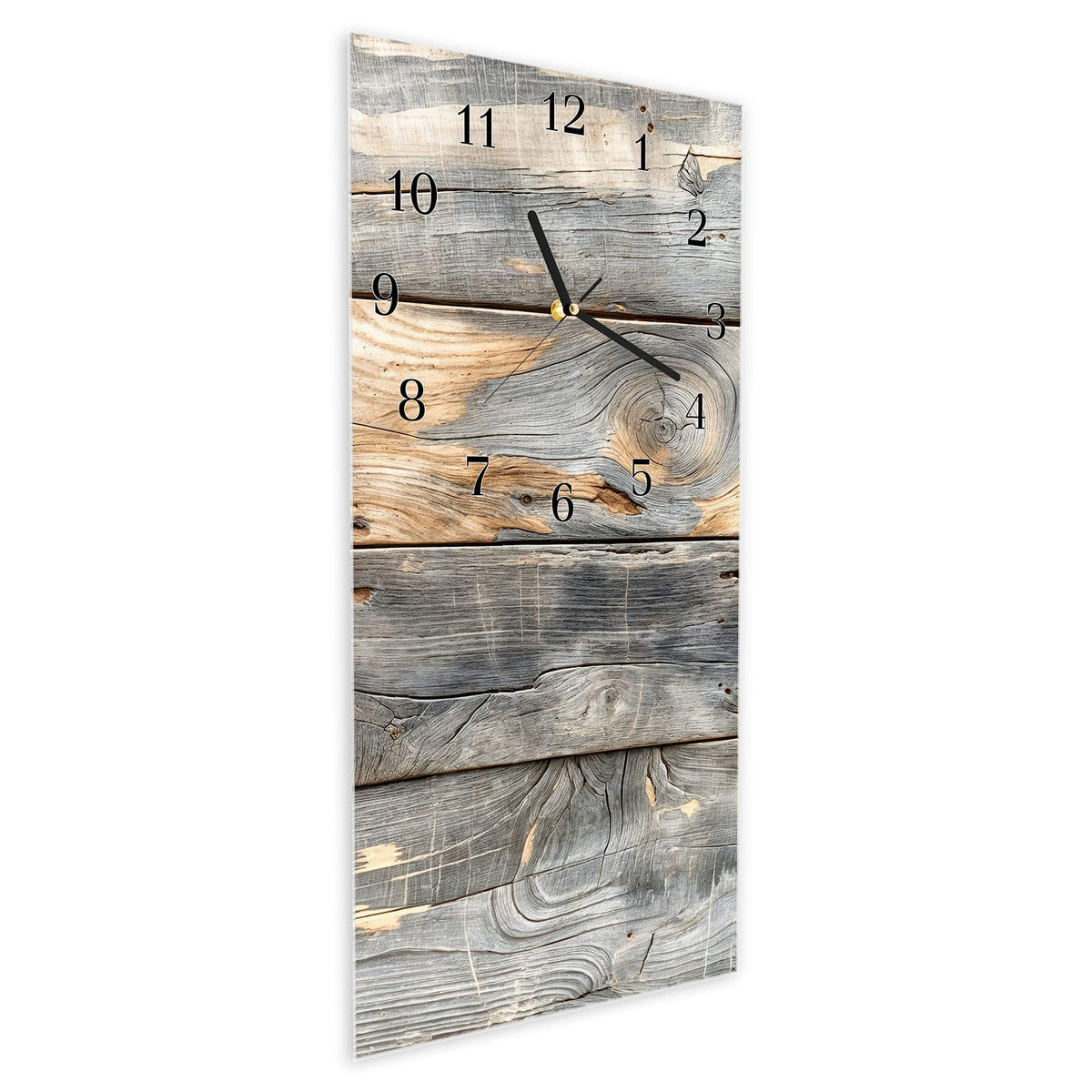 Vormontiert – mit Schwebeeffekt – Wanduhr Vintage Holzplanken aus Glas – Hochformat 30 × 60 cm