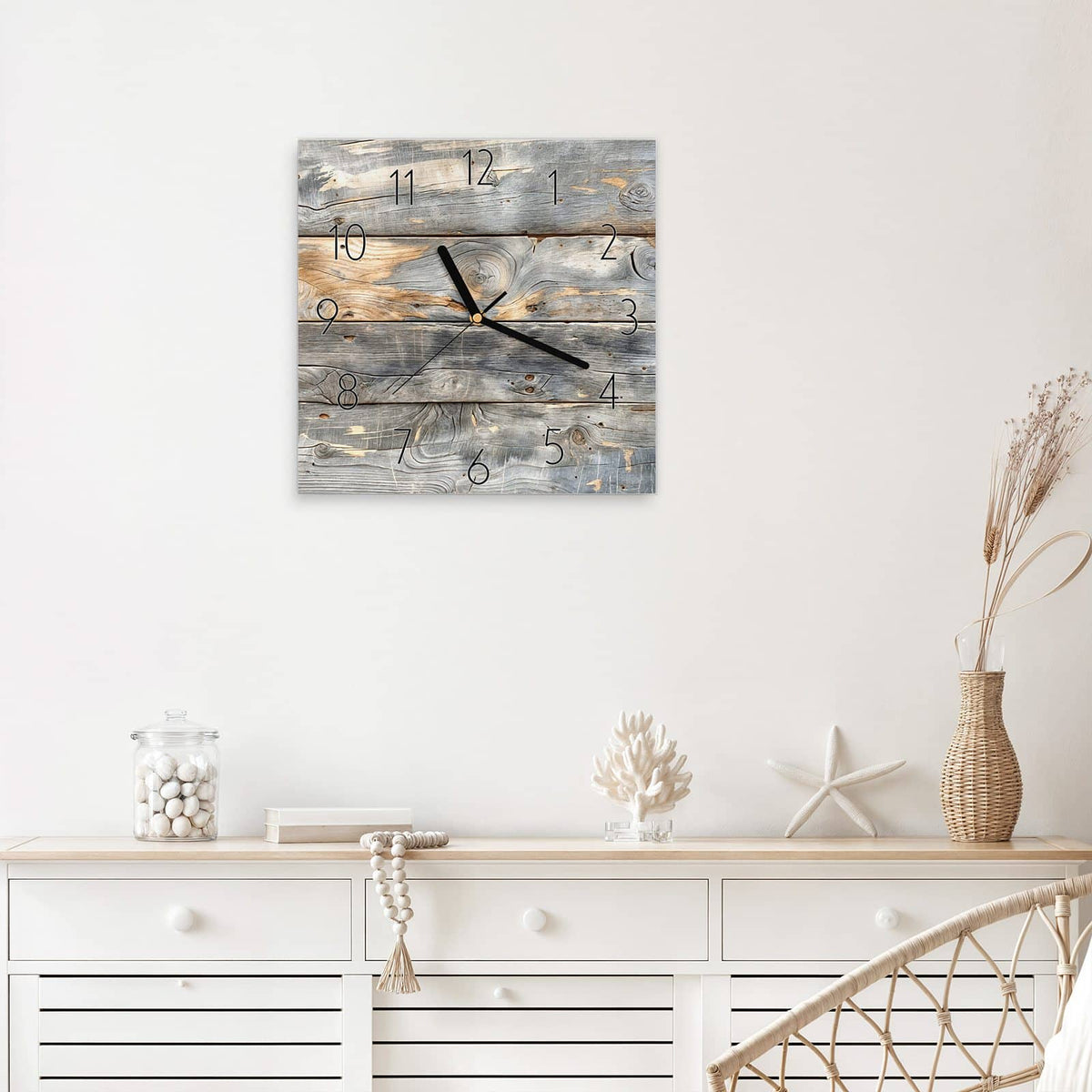 Wanduhr Graue Holzplanken aus Glas – Quadratisch 30 × 30 cm – Verwitterte Holzbretter in Grau