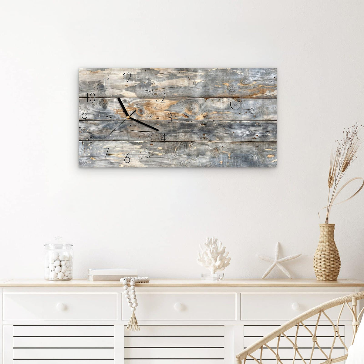Wanduhr Vintage Holzplanken aus Glas – Querformat 60 × 30 cm – Verwitterte Holzbretter in Grau