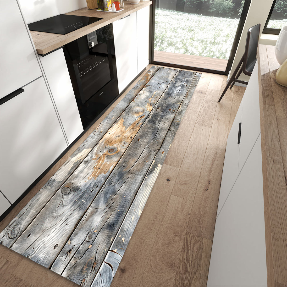 Pflegeleichter großer Küchenteppich mit Motiv Vintage Holzplanken in moderner Küche