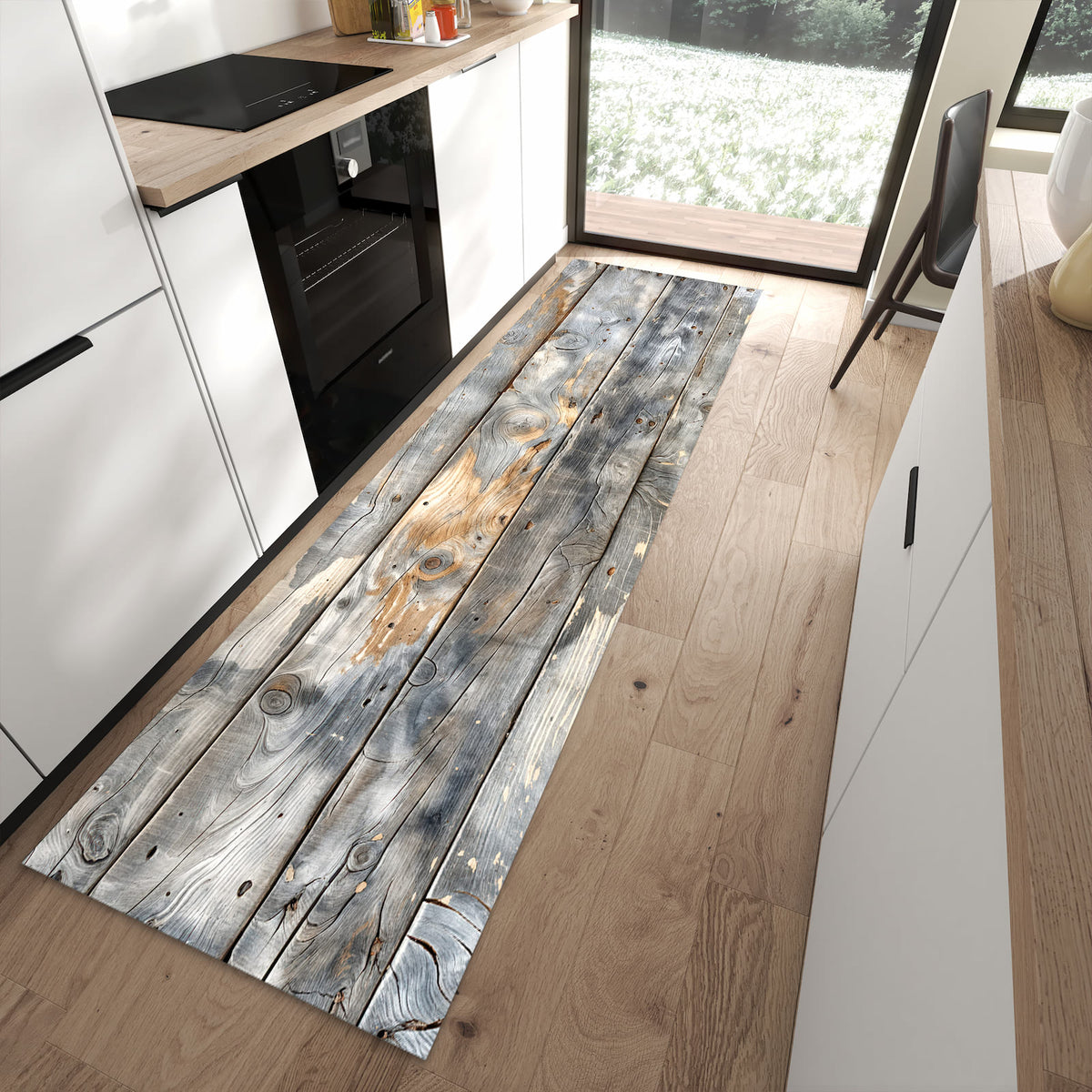 Rutschfester waschbarer Küchenteppich mit Motiv Vintage Holzplanken in moderner Küche