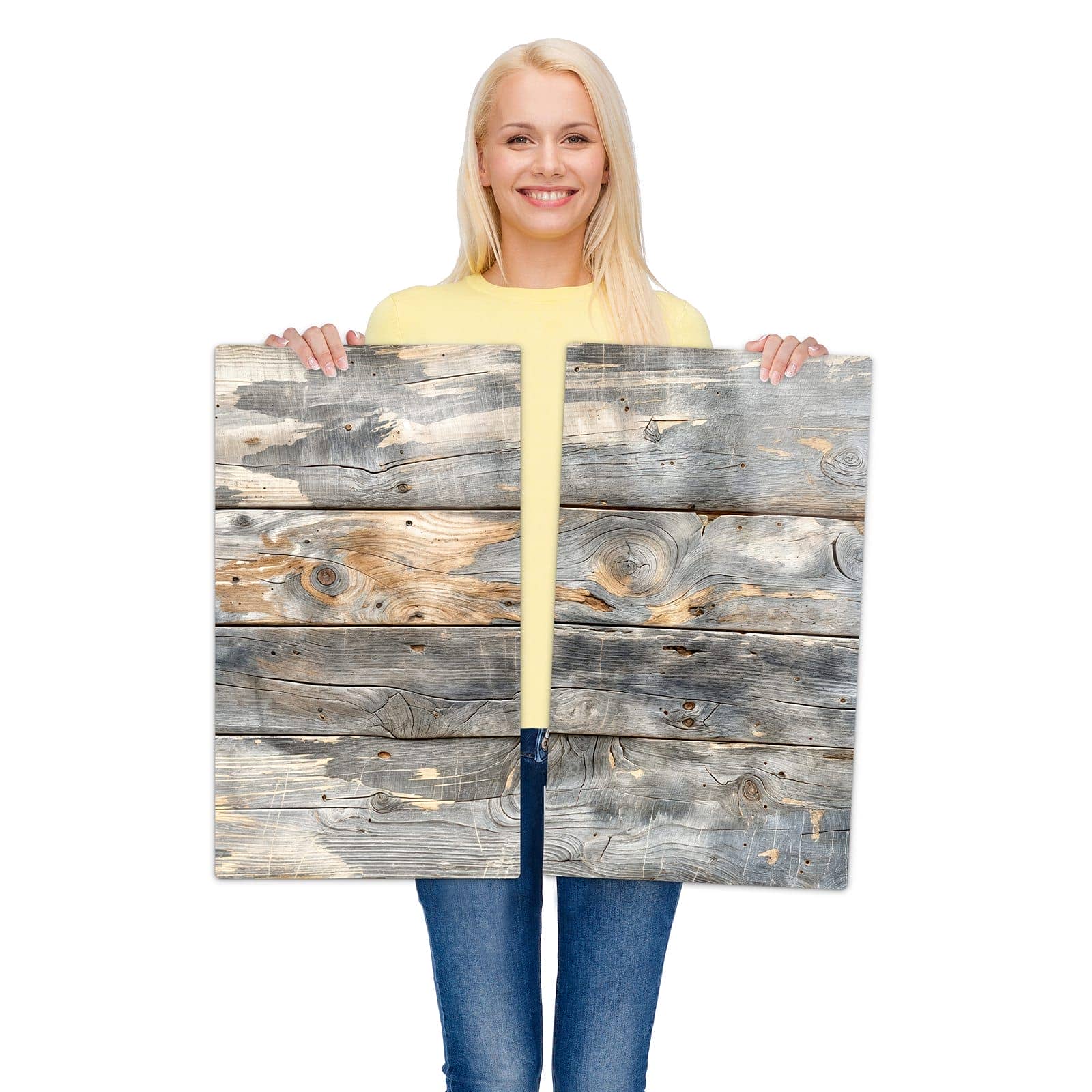 2-teilige Herdabdeckung aus Glas mit Vintage Holzplanken-Motiv wird zur Größendarstellung gehalten