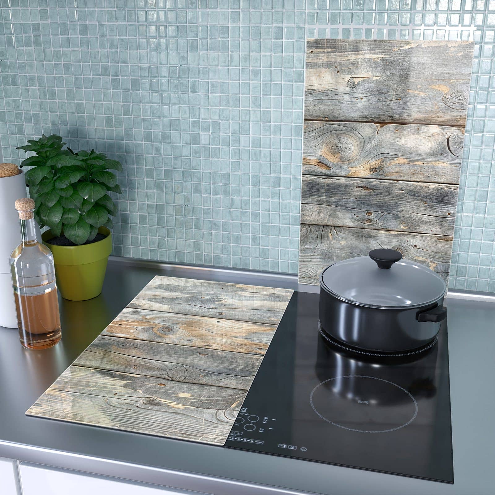 2-teilige Kochfeldabdeckung mit Vintage Holzplanken-Motiv als Spritzschutz hinter dem Kochfeld