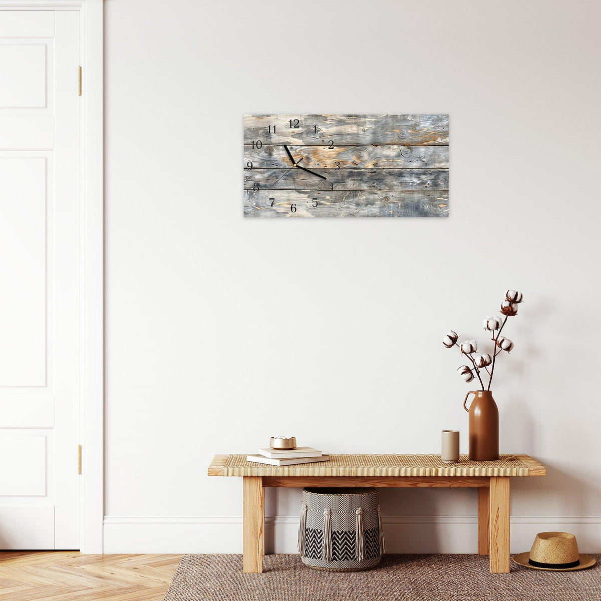 Moderne Wanduhr aus Glas mit Farbtiefe – Wanduhr Vintage Holzplanken aus Glas – Querformat 60 × 30 cm