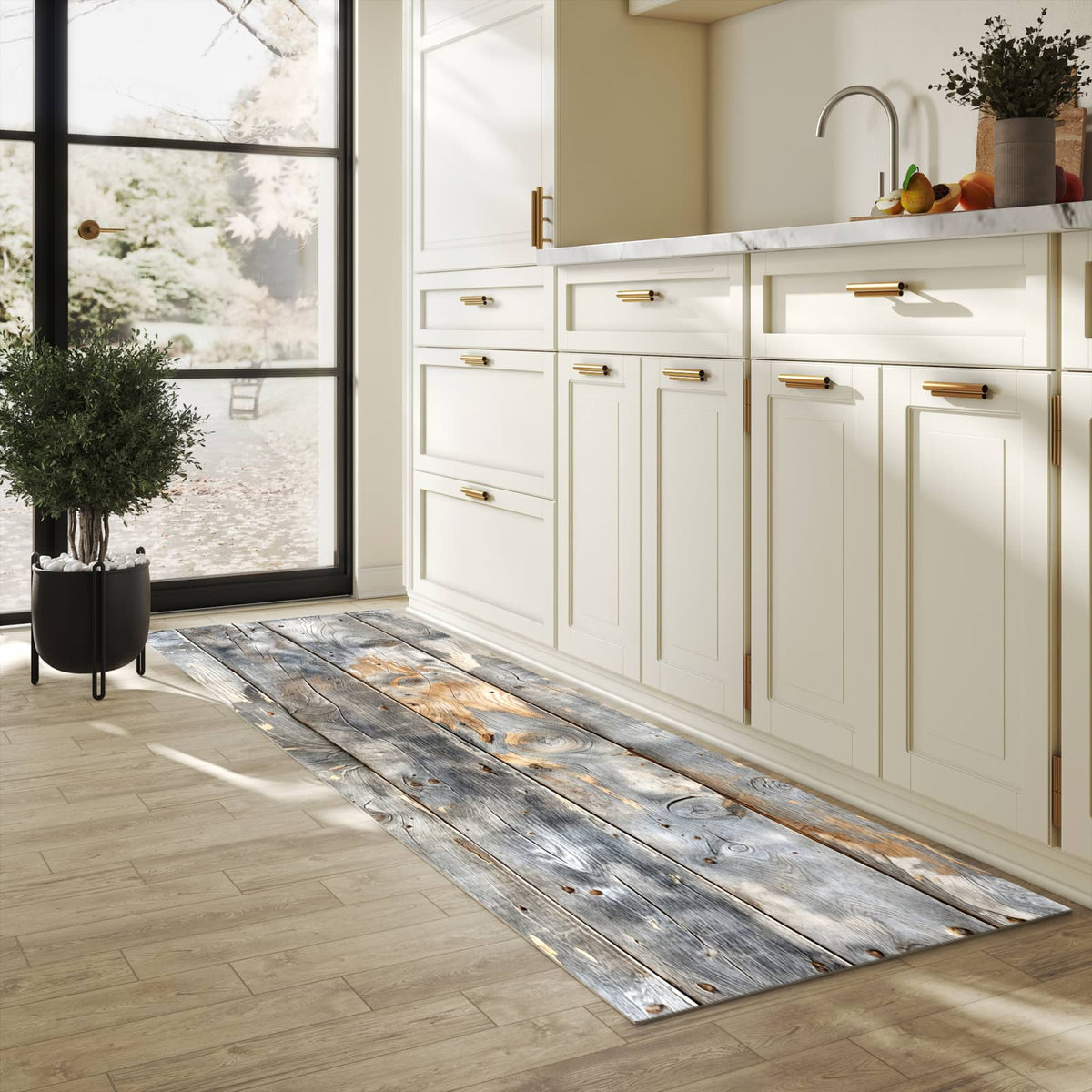 Abriebfester Küchenläufer mit Motiv Vintage Holzplanken in heller Küche