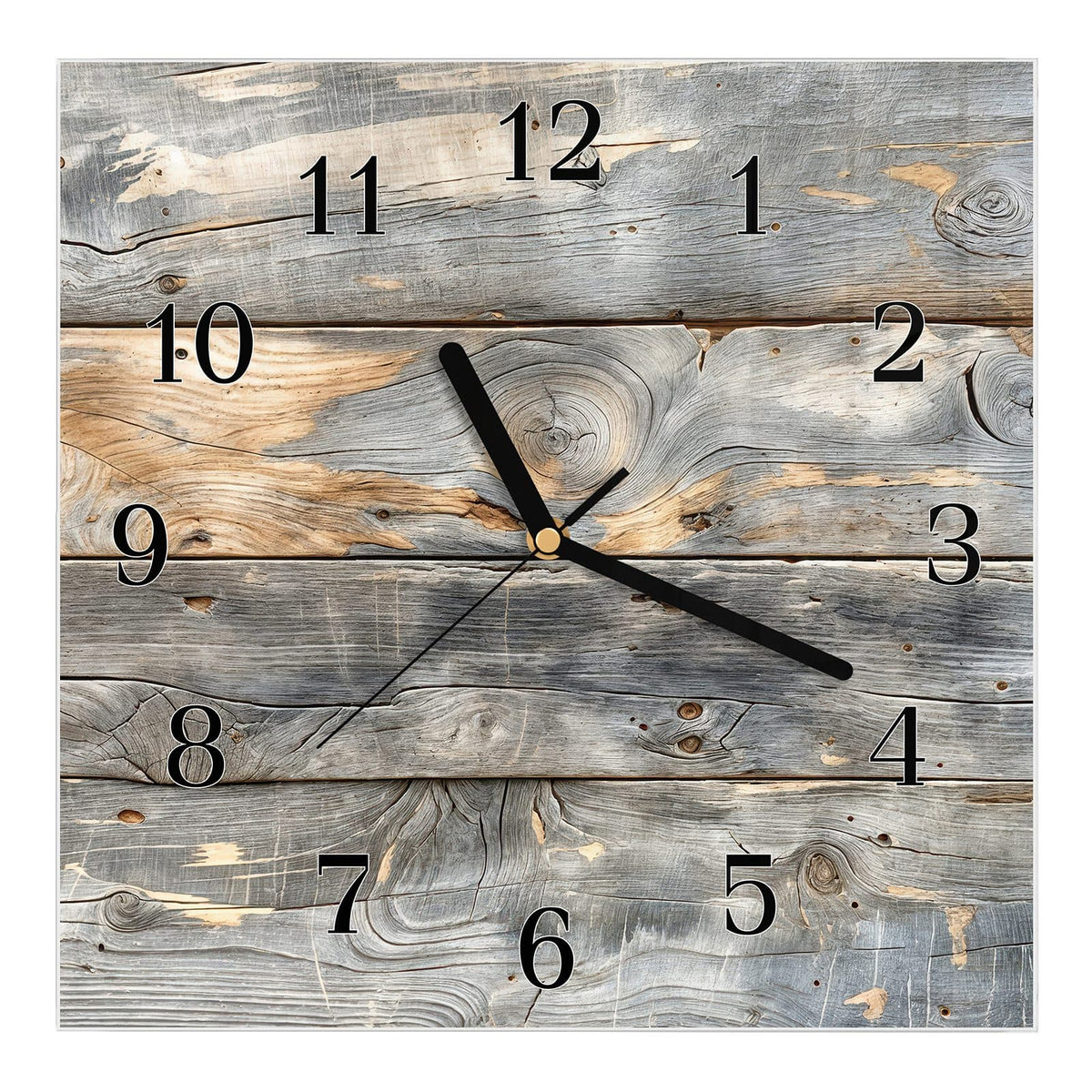 Wanduhr aus Glas, Ziffernblatt Klassisch mit Motiv Graue Holzplanken: Vier waagerechte, stark verwitterte Bretter in Grau mit hellbraunen Aufhellungen