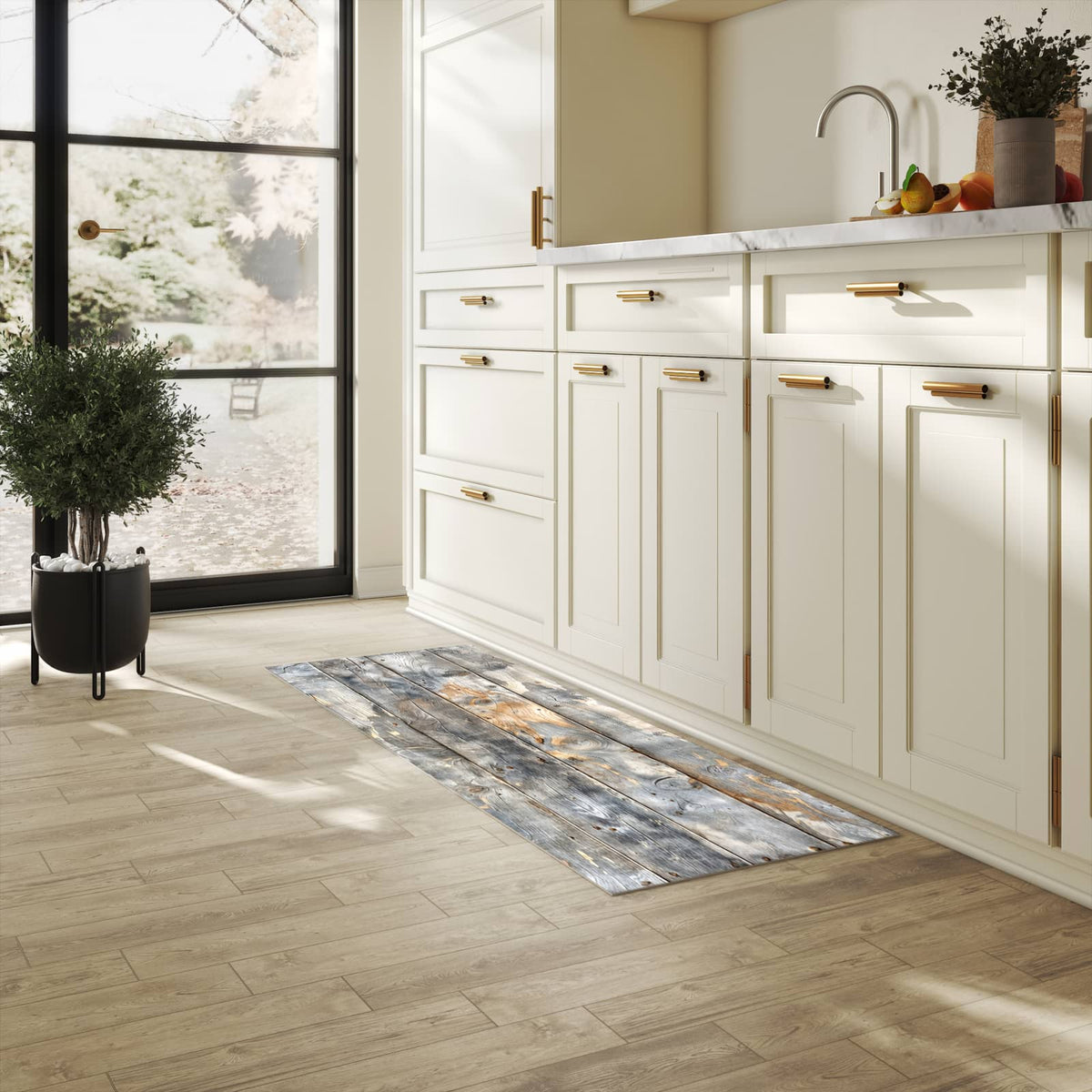 Läufer für die Küche mit Motiv Vintage Holzplanken in heller Küche für Ordnung