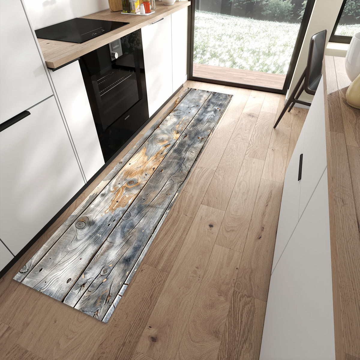 Geruchsneutraler waschbarer Küchenteppich mit Motiv Vintage Holzplanken in moderner Küche