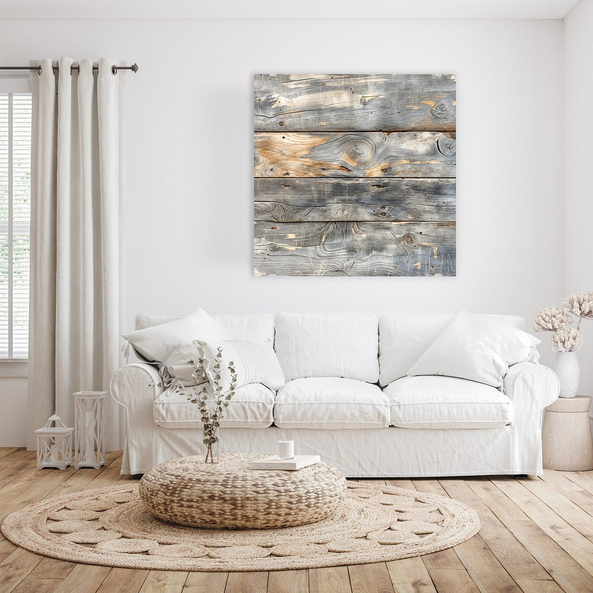 Glasbild Graue Holzplanken an der Wand – Vier waagerechte, stark verwitterte Bretter in Grau mit hellbraunen Aufhellungen