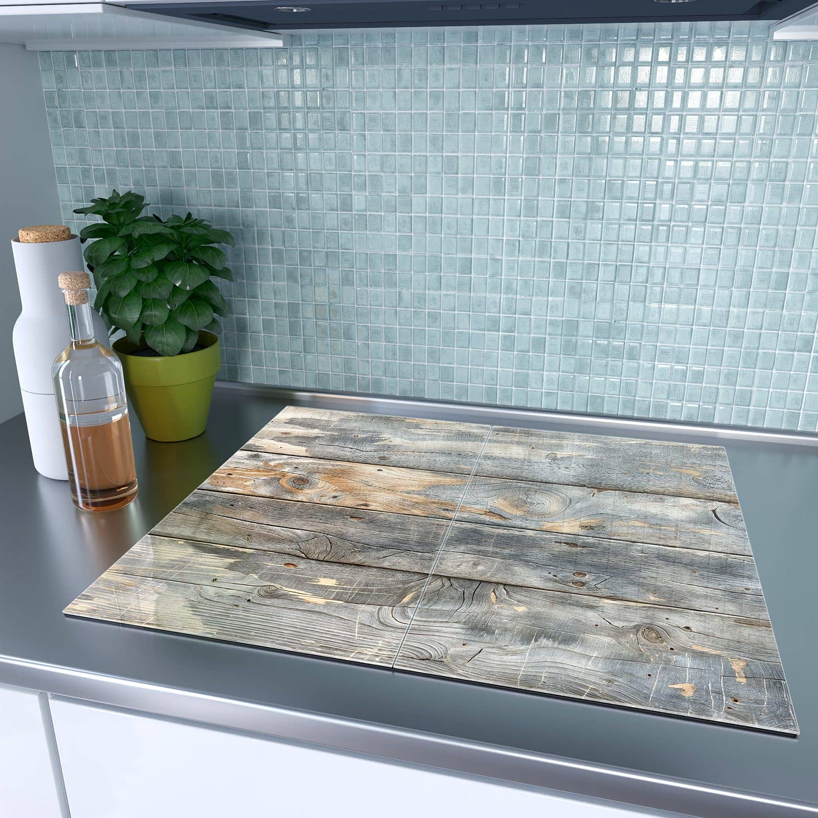 2-teilige Abdeckplatte für Ceranfeld mit Vintage Holzplanken-Motiv auf dem Ceranfeld