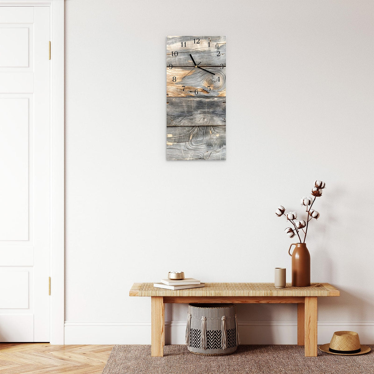 Moderne Wanduhr aus Glas mit Farbtiefe – Wanduhr Vintage Holzplanken aus Glas – Hochformat 30 × 60 cm