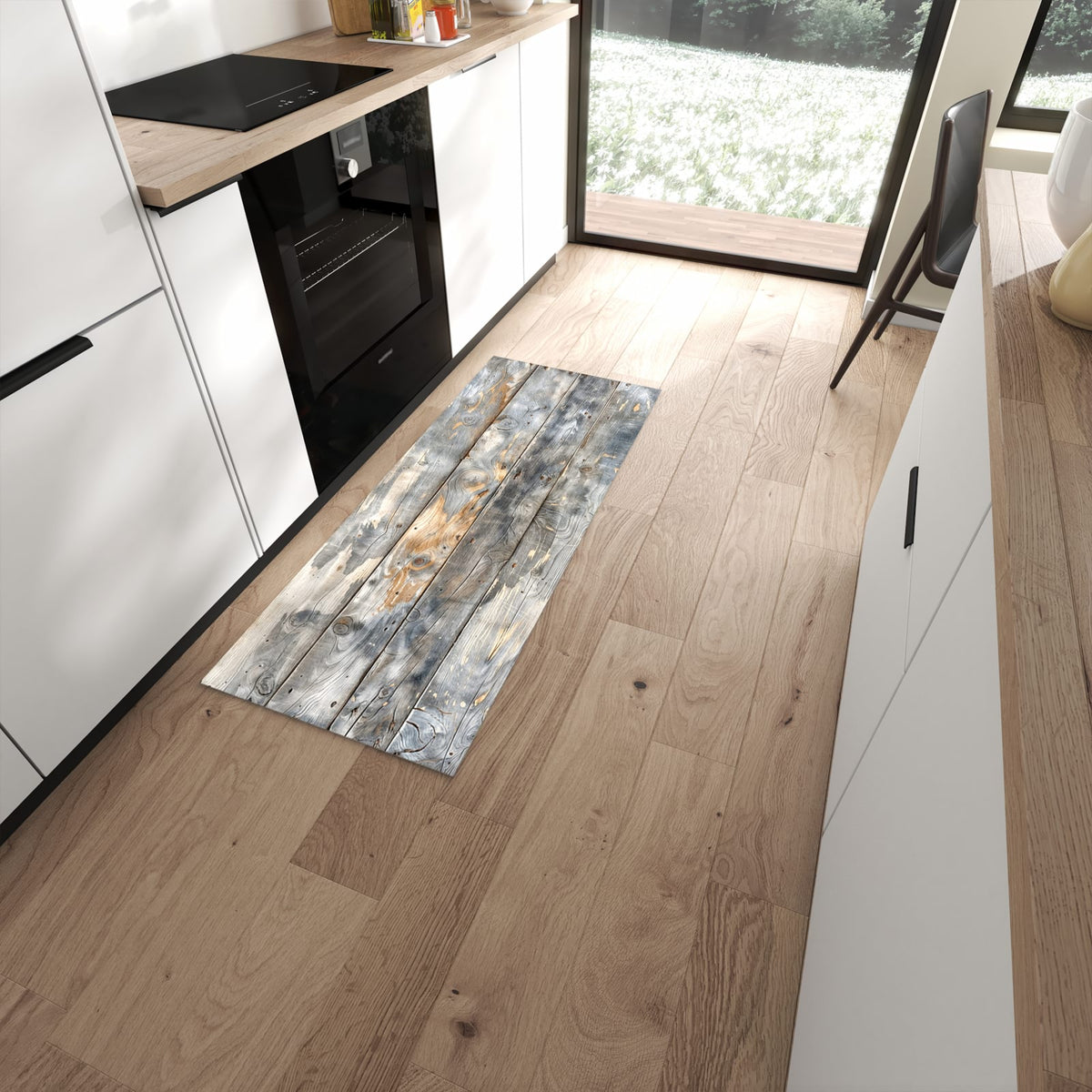 Wasserabweisender Bodenläufer mit Motiv Vintage Holzplanken in moderner Küche #grösse_60 x 150 cm