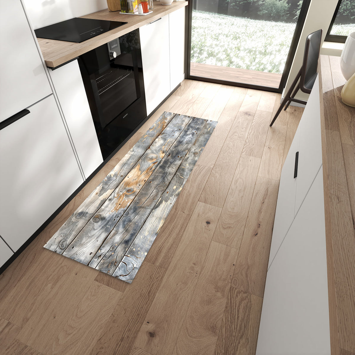 Fleckenresistenter Bodenläufer mit Motiv Vintage Holzplanken in moderner Küche