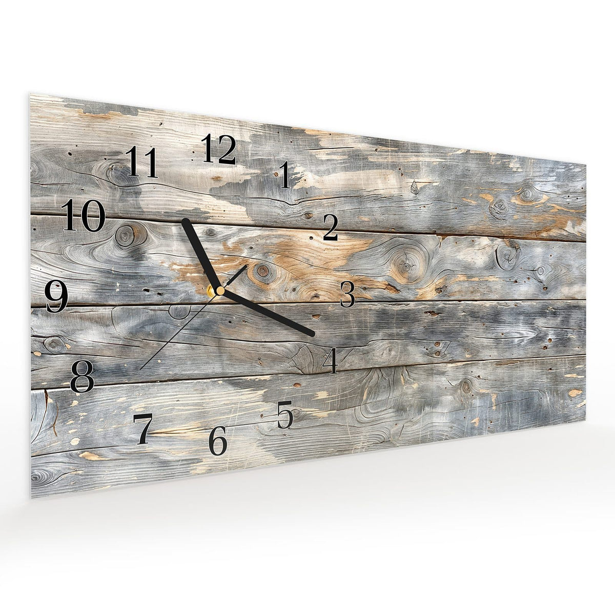 Vormontiert – mit Schwebeeffekt – Wanduhr Vintage Holzplanken aus Glas – Querformat 60 × 30 cm