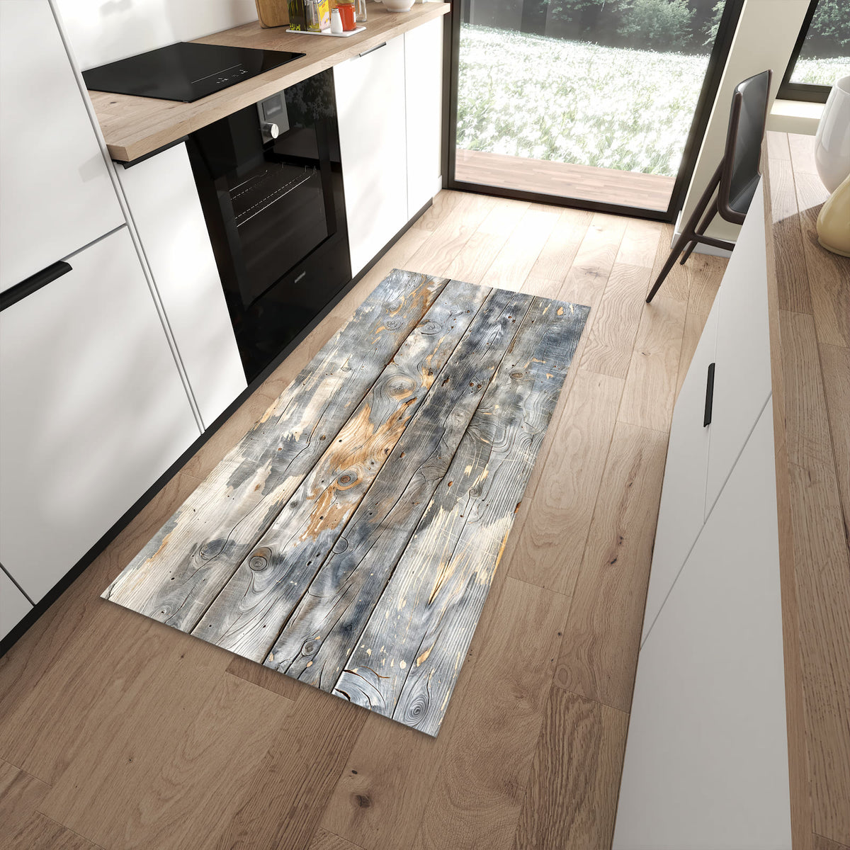 Rutschfester Küchenteppich mit Motiv Vintage Holzplanken für angenehmes Stehen in moderner Küche