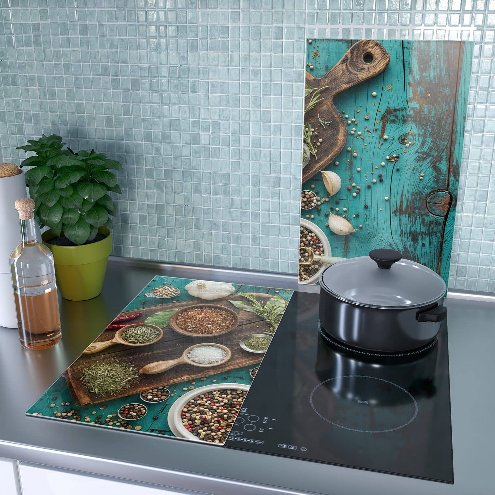 2-teilige Herdabdeckung aus Glas mit Küchenzutaten Holztisch-Motiv als Spritzschutz hinter dem Kochfeld