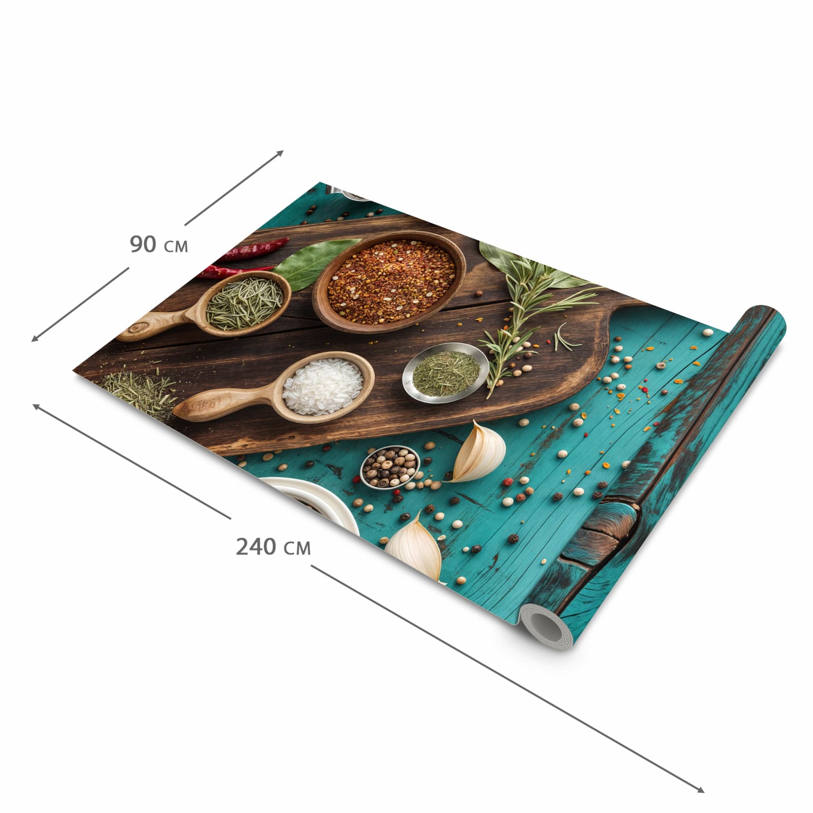 Abriebfester Küchenteppich mit Motiv Küchenzutaten Holztisch in der Grösse 60x150 cm