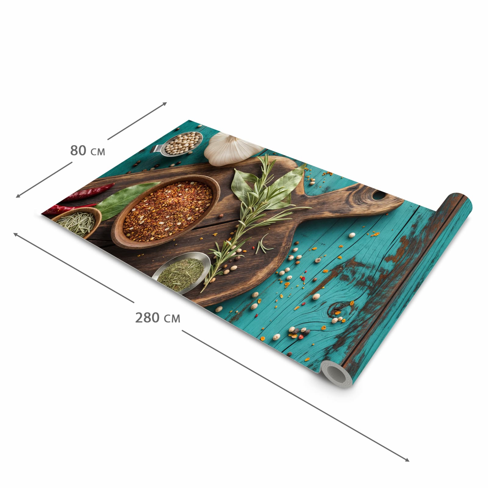 Bodenläufer mit Motiv Küchenzutaten Holztisch in der Grösse 60x150 cm für sichere Aufbewahrung