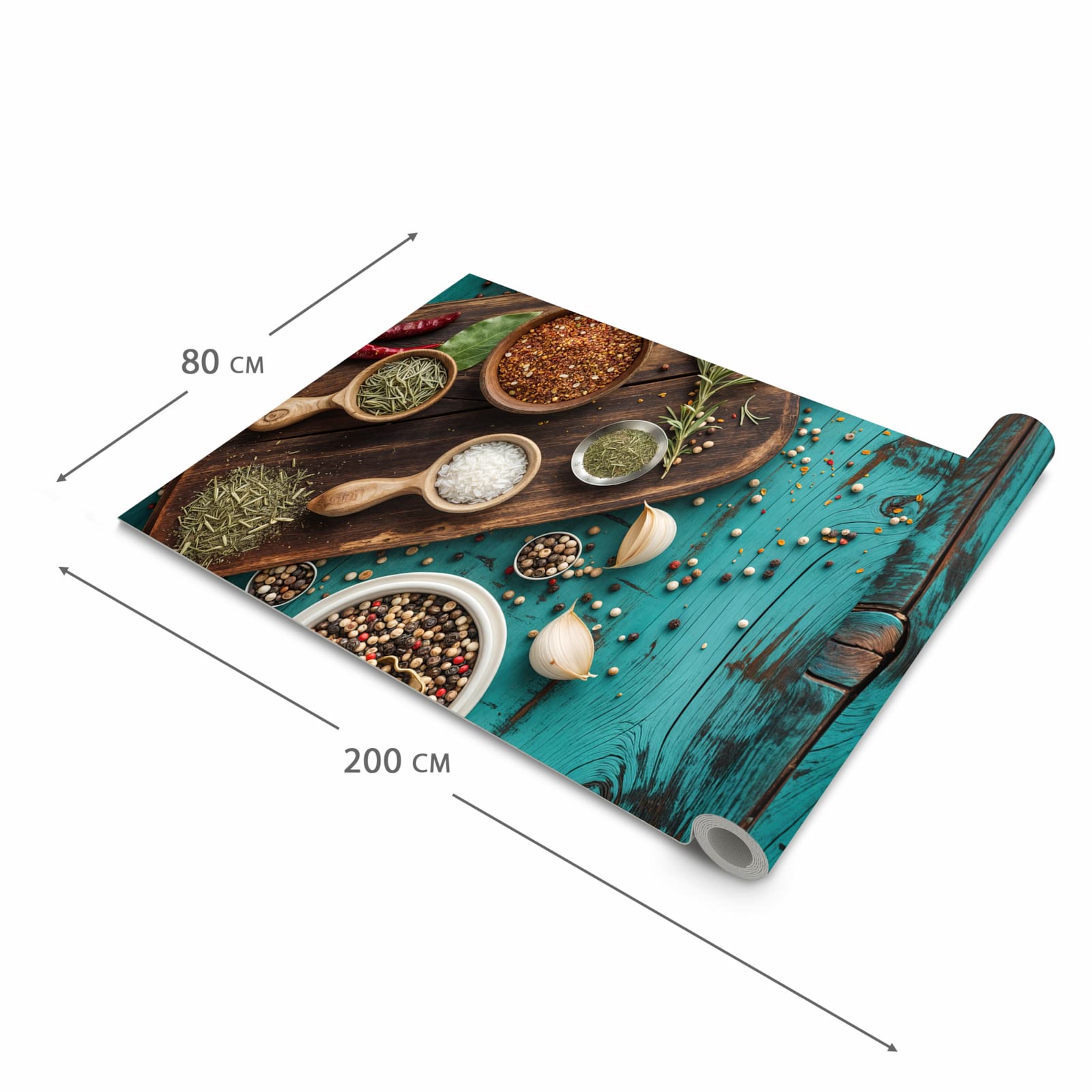 Farbbeständiger waschbarer Teppich Esstisch mit Motiv Küchenzutaten Holztisch in der Grösse 60x150 cm