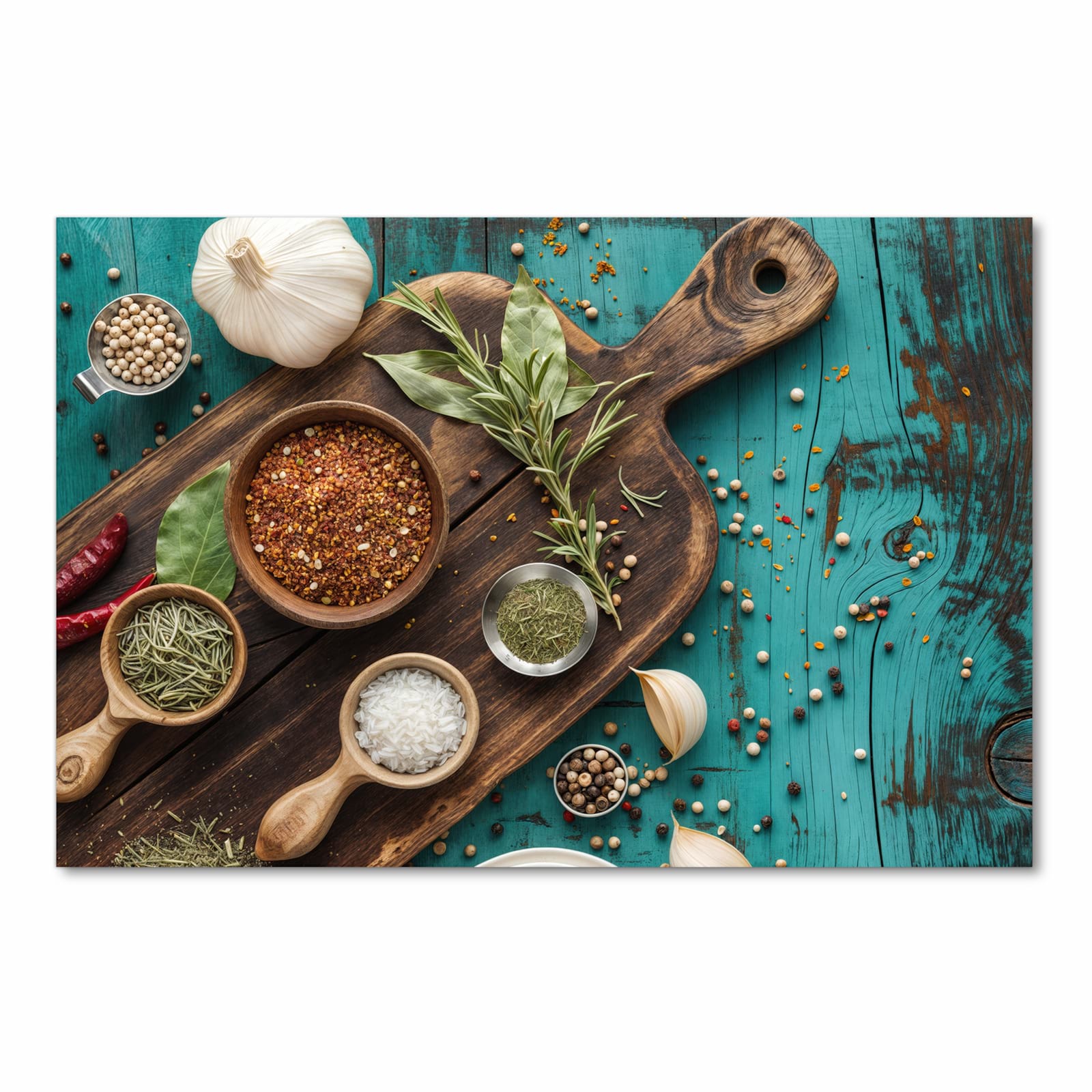 Rutschfester Küchenläufer mit Motiv Küchenzutaten Holztisch in Frontansicht für angenehme Haptik
