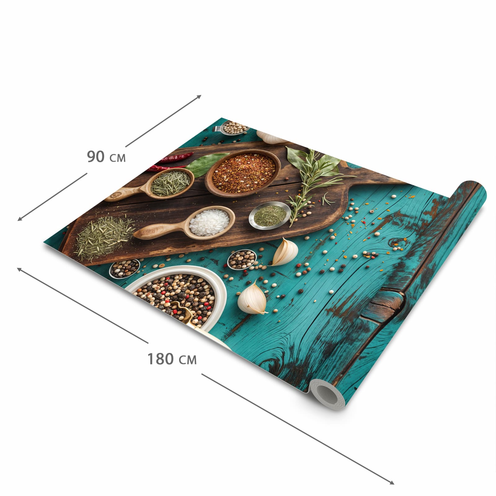 Geräuschdämpfender Küchenteppich mit Motiv Küchenzutaten Holztisch in der Grösse 60x150 cm