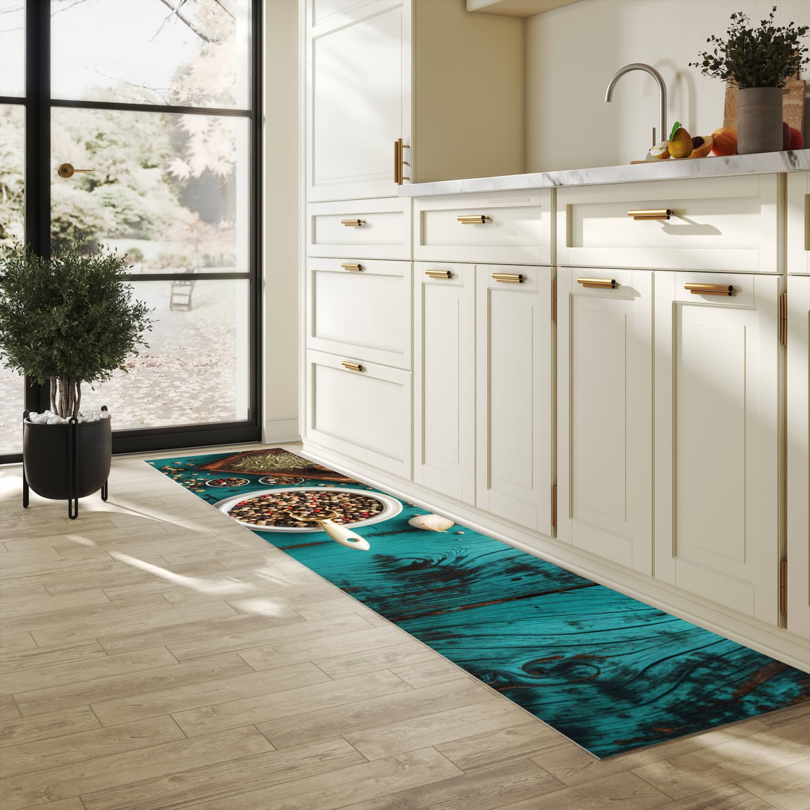 Rutschhemmender Küchenläufer mit Motiv Küchenzutaten Holztisch in heller Küche