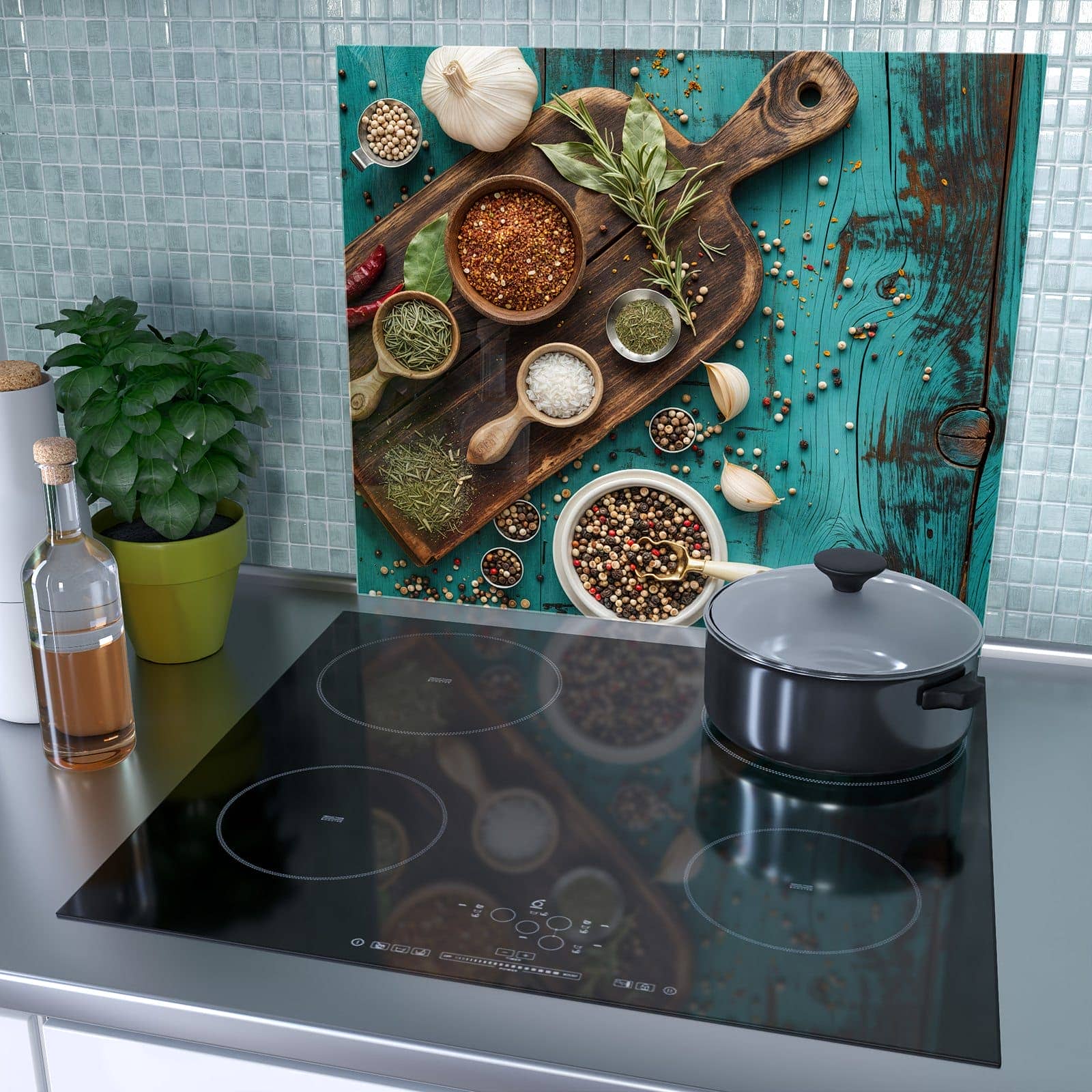 1-teilige Herdabdeckplatte mit Küchenzutaten Holztisch-Motiv als Spritzschutz hinter dem Kochfeld