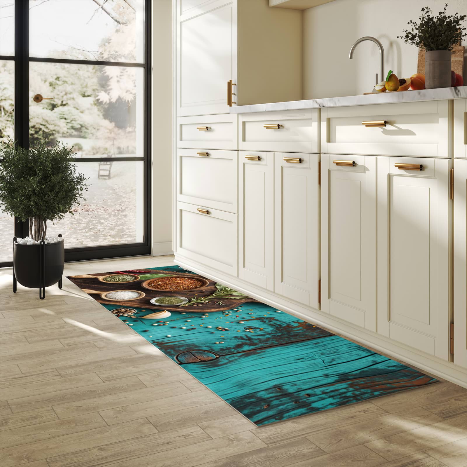 Hygienischer Küchenteppich mit Motiv Küchenzutaten Holztisch in heller Küche