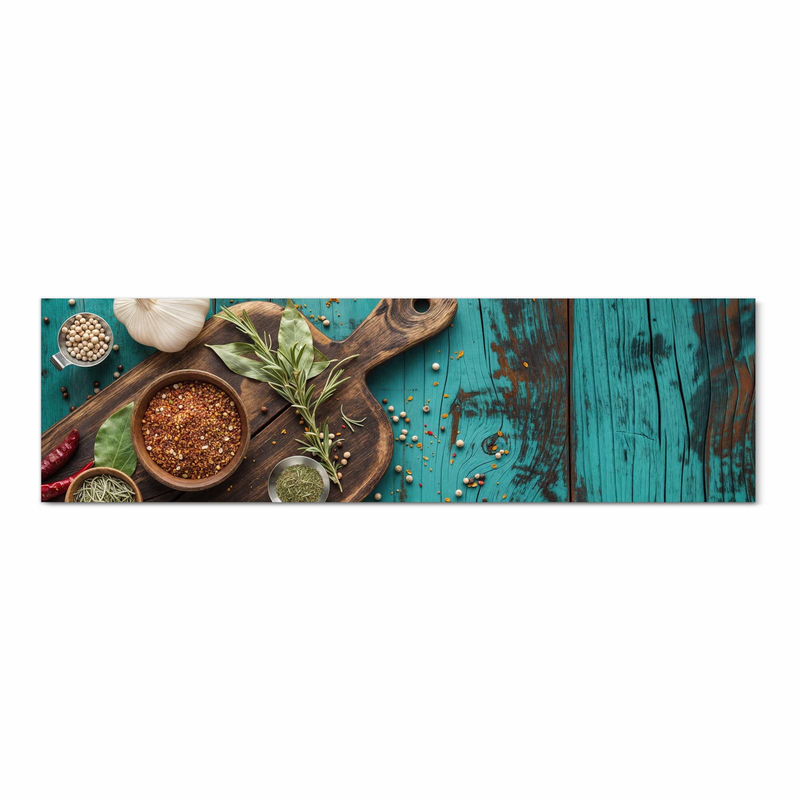 Strapazierfähiger waschbarer Küchenläufer mit Motiv Küchenzutaten Holztisch in Frontansicht