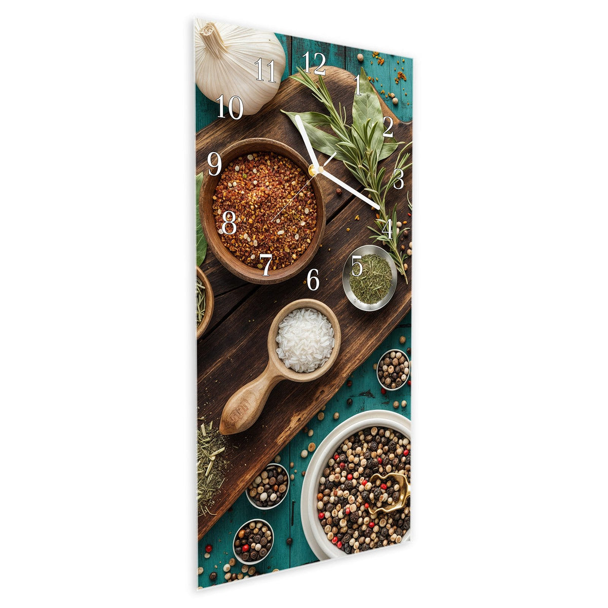 Vormontiert – mit Schwebeeffekt – Wanduhr Küchenzutaten Holztisch aus Glas – Hochformat 30 × 60 cm